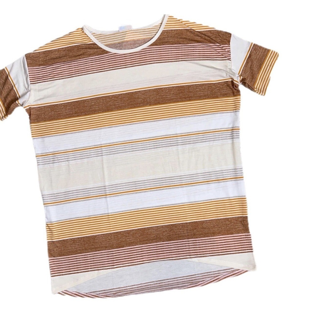 New LulaRoe Irma Medium Soft Jersey Material White Rust Stripes Fits 8/10